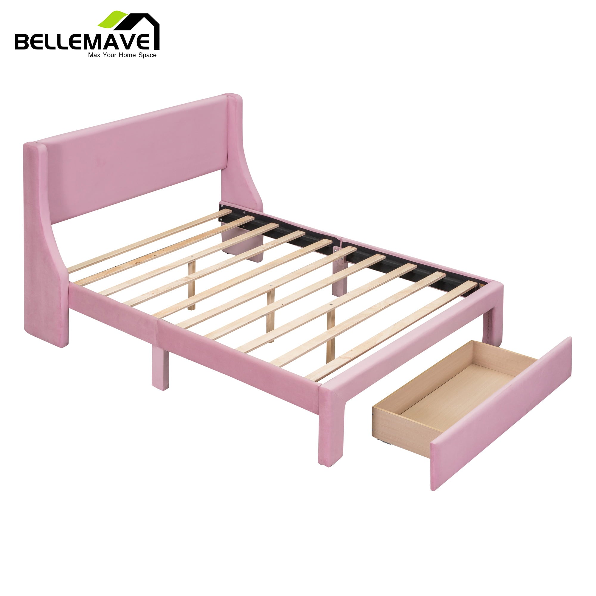 Bellemave Full Size Pink Velvet Upholstered Platform Bed with One Spacious Drawer and Wood Slats, Wood Frame Full Size Paltform Bed for Kids Teen Adults