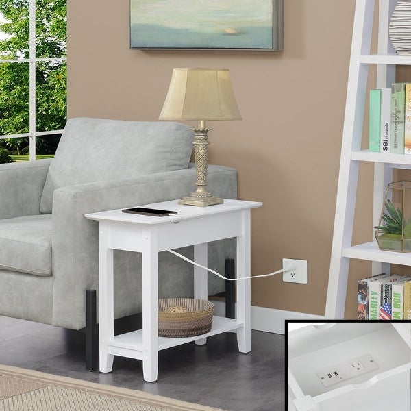 American Heritage Flip Top End Table with Charging Station， Faux Birch/Black