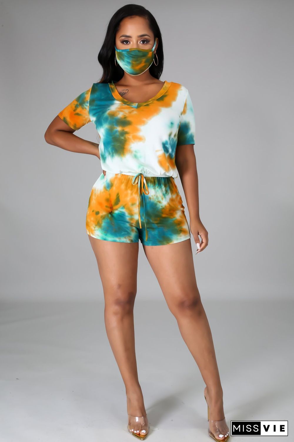 Sexy Fashion Digital Printing Short-Sleeved V-Neck Jumpsuit