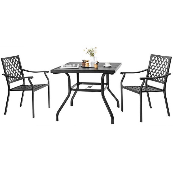 3 pieces Patio Dining Set Stackable Chairs Armrest Table with Umbrella Hole - 37'' x 37'' x 29'' (L x W x H) - Overstock - 36301986