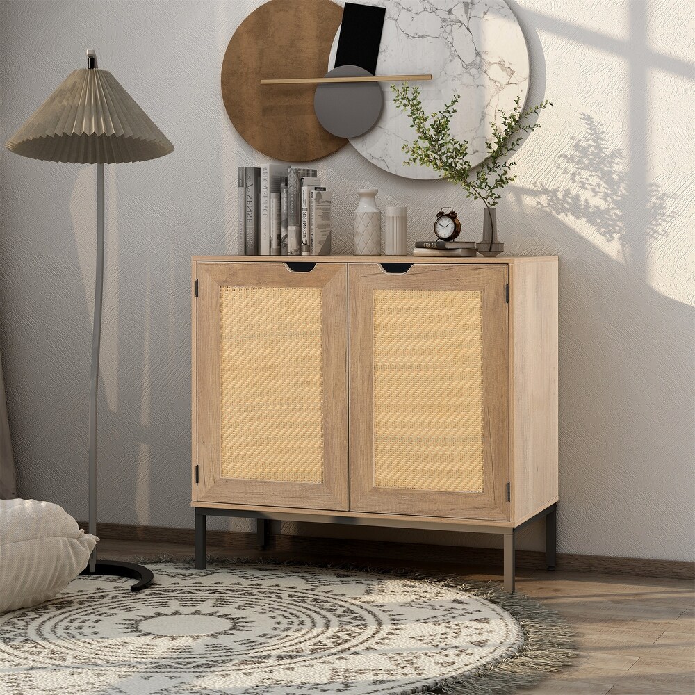 Set of 2 Rustic Accent Wood Storage Cabinet with Rattan Doors