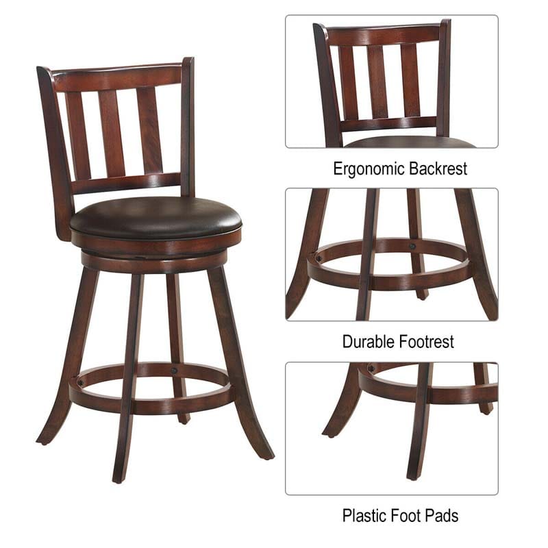 2-Pack Wood Swivel Bar Stools Counter Height Kitchen Dining Chairs Pub Stools with Soft Leather Seat