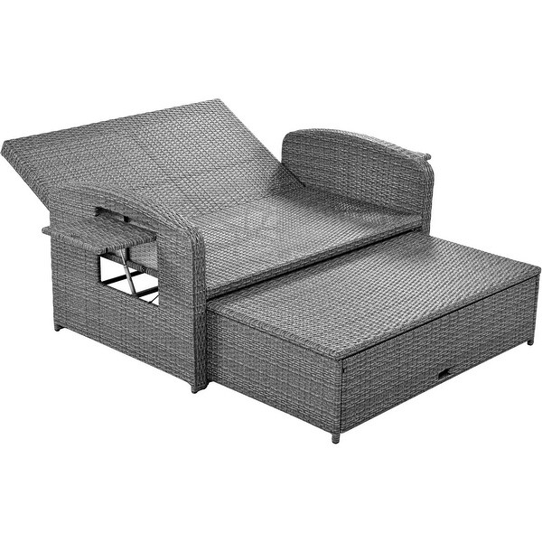 Modern Convertible Cushioned Sofa Bed Outdoor Rattan Wicker 2person Chaise Lounge with Adjustable Backrest and Holder Board