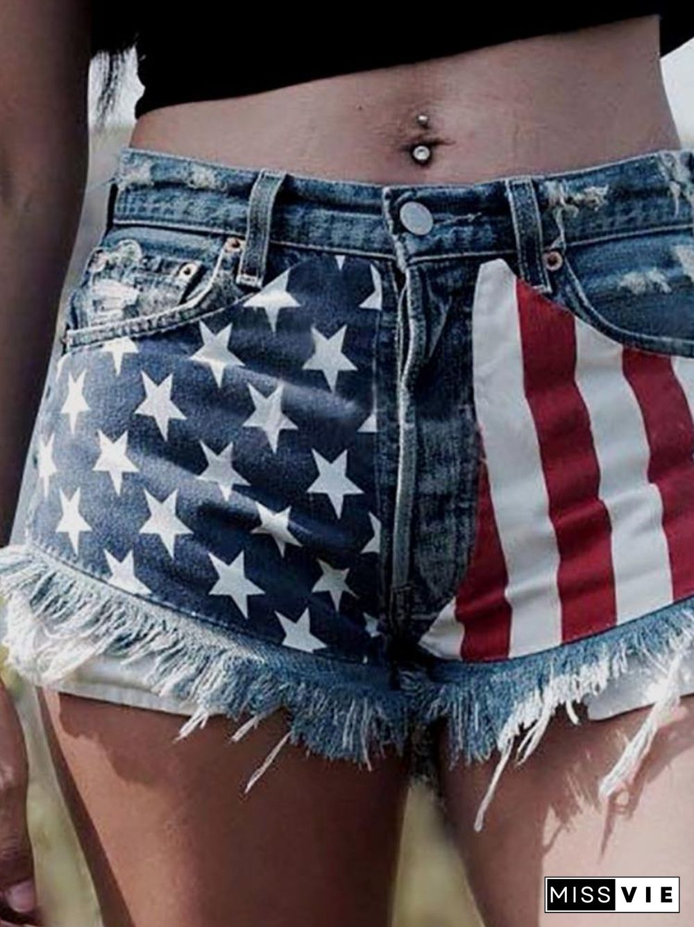 Flag Tassel Star Printed Denim Women's Shorts