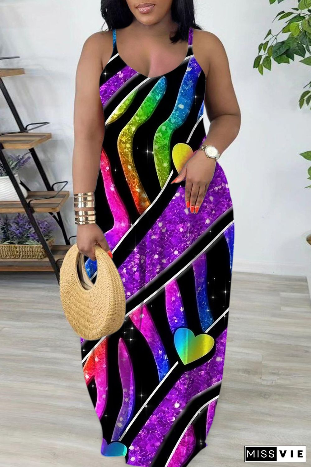 Dark Khaki Sexy Casual Print Backless Spaghetti Strap Long Dress Dresses