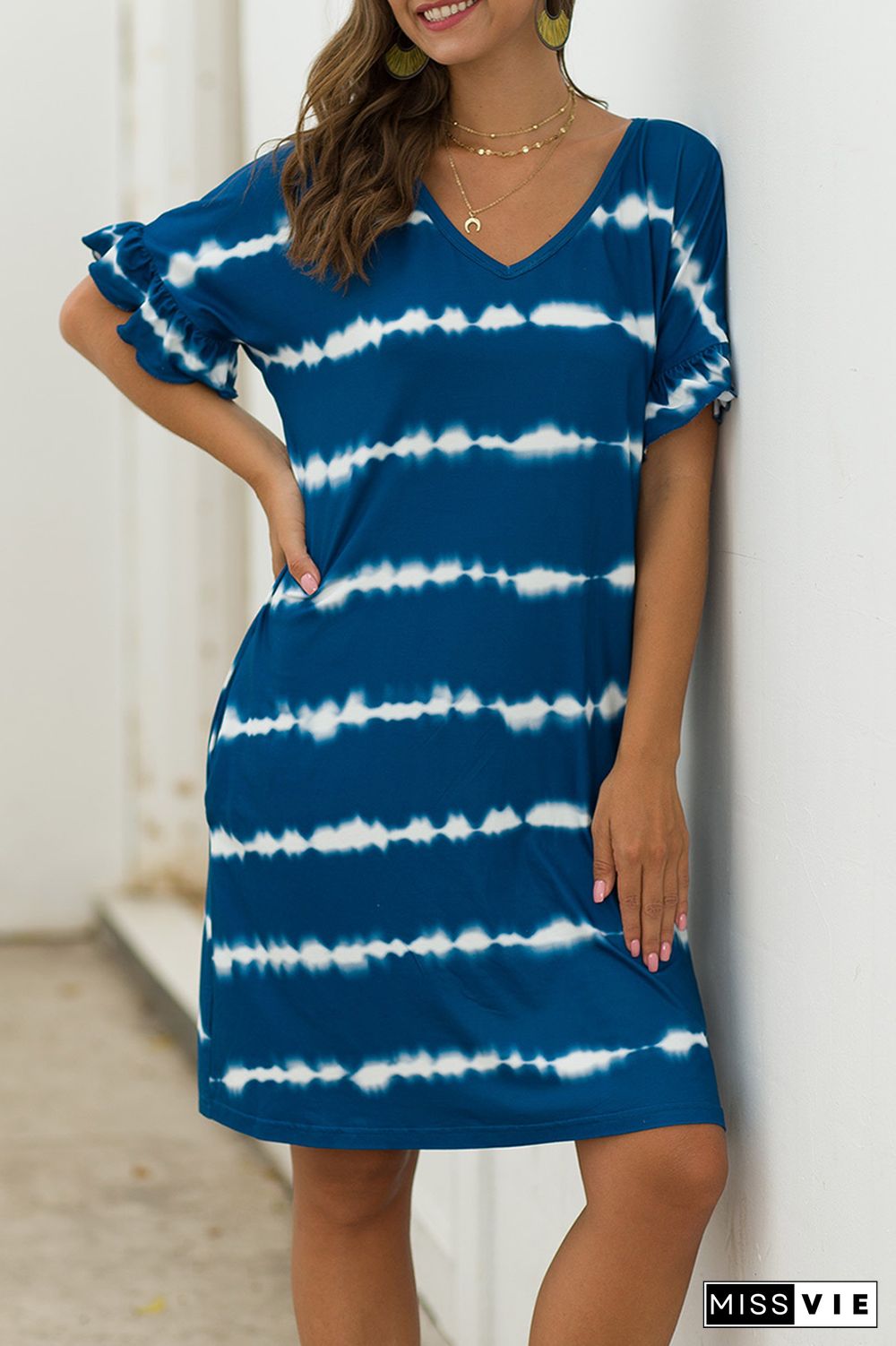 Casual Print Split Joint V Neck Straight Dresses