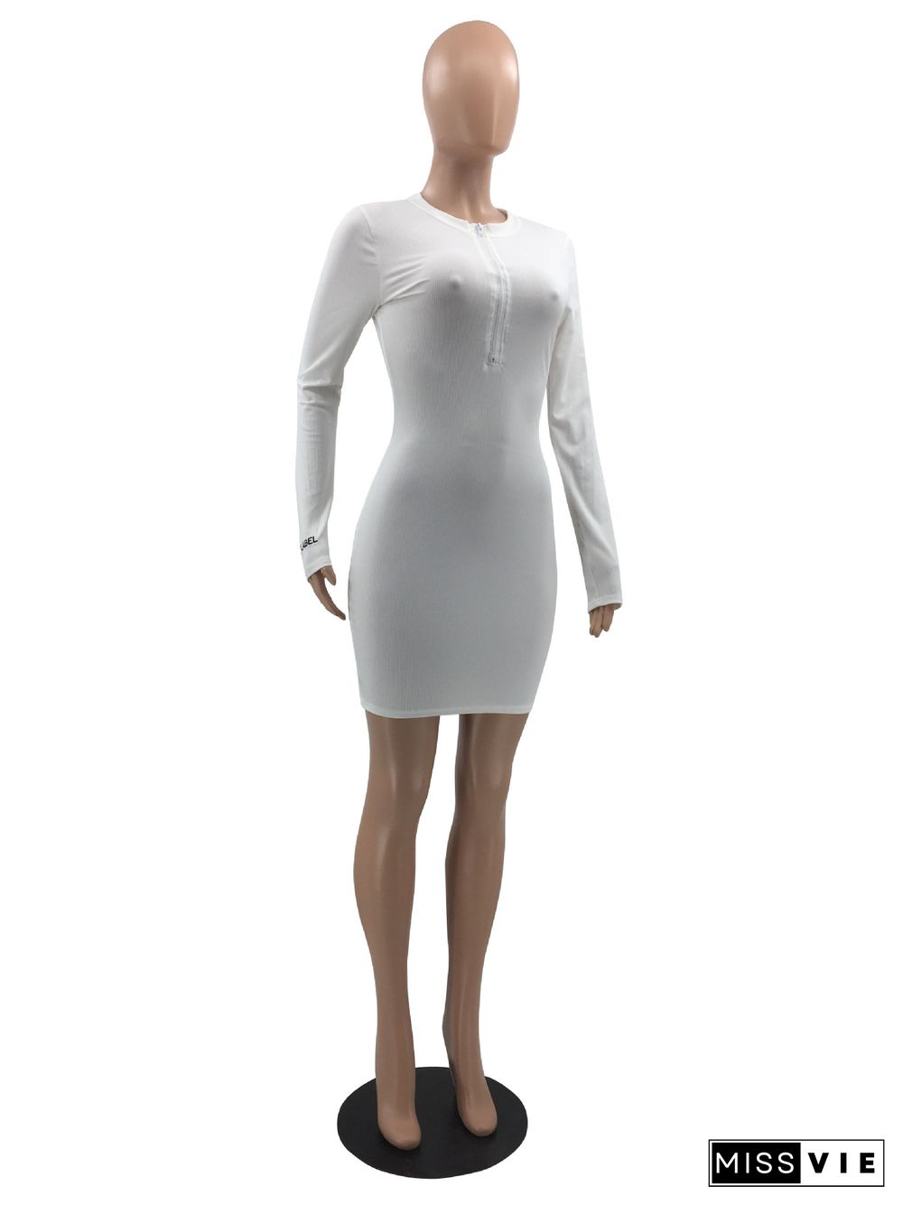 Embroidered Long Sleeve Front Zipper Bodycon Dress