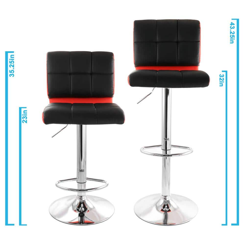 Elama 2-Piece Adjustable Faux Leather 35 in. Black and Red High Back Metal Bar Stool with Chrome Base 985116745M