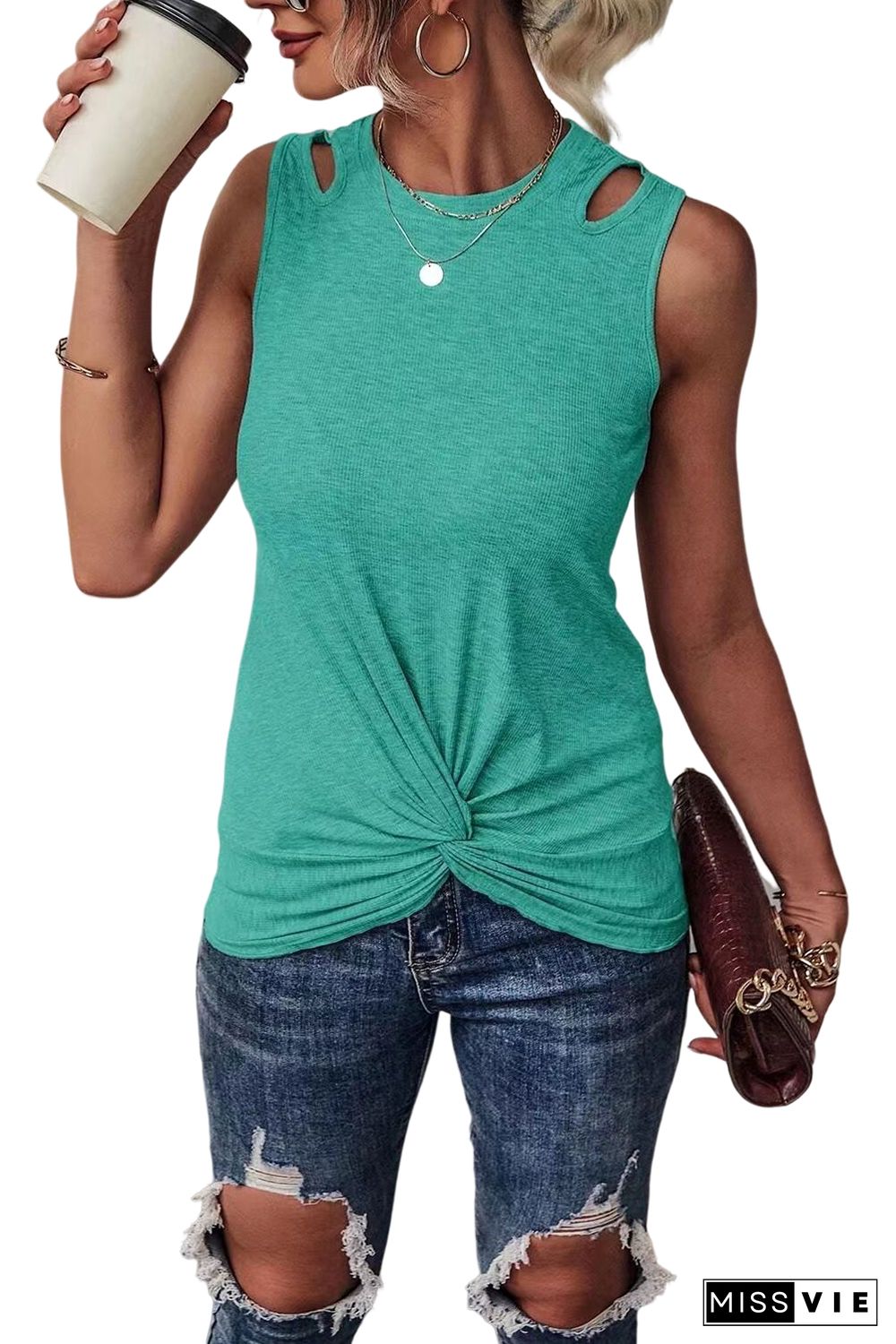 Green Rib Knit Cut-out Front Twist Tank Top