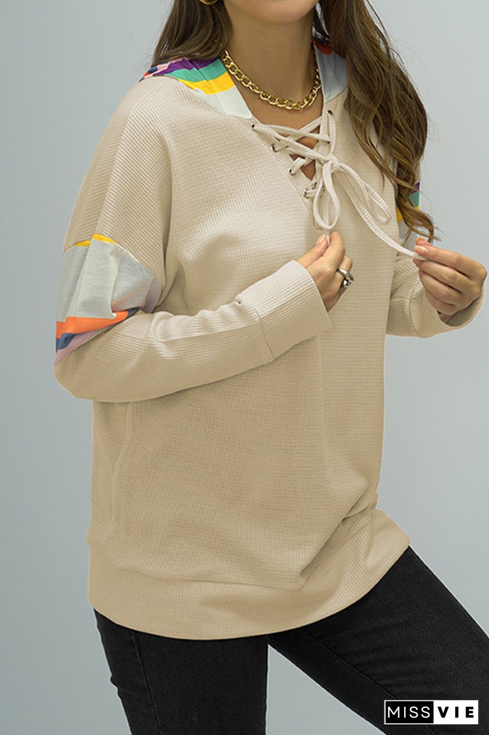 Colorful Hooded Patchwork Crisscros Strap Sweatshirt