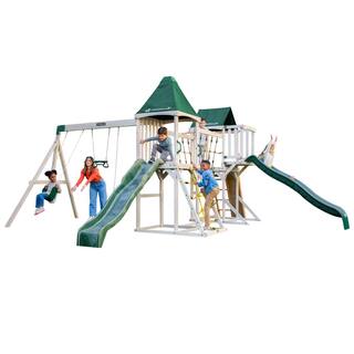 KidKraft Titan Cliffs Wooden Swing SetPlayset with Slides Rope Bridge and 3-Swings F29620EHD