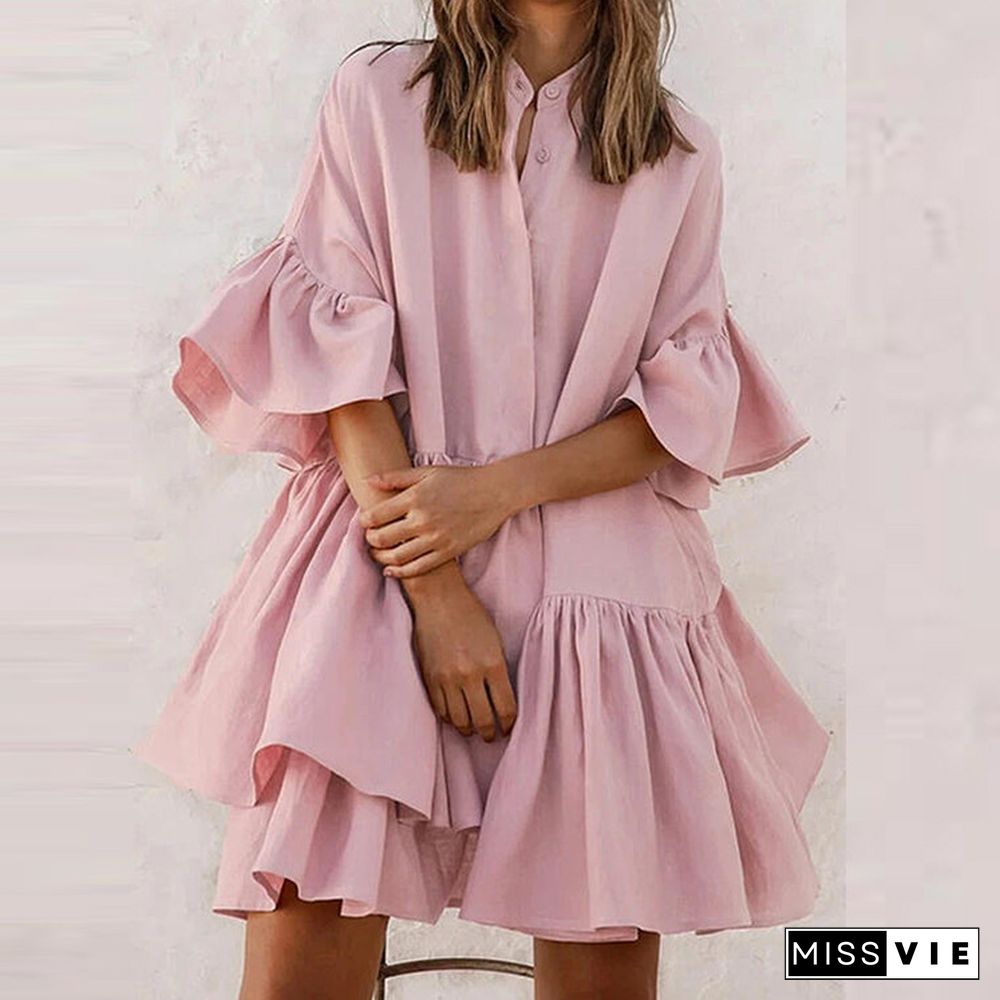 Summer Elegant Pink Ruffle Women Dresses Boho Button Cardigan Chiffon Dresses Casual Vintage Butterfly Sleeve Dress Vestido