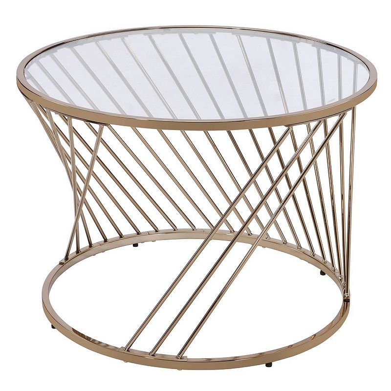 Contemporary Coffee Table with Twisted Metal Base and Round Glass Top， Gold