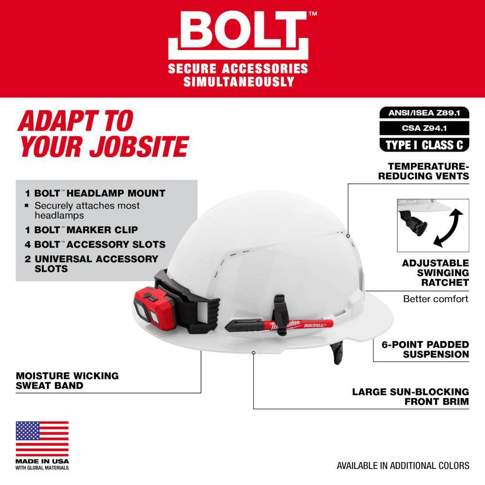 MW BOLT Black Type 1 Class C Full Brim Vented Hard Hat with 6-Point Ratcheting Suspension 48-73-1231