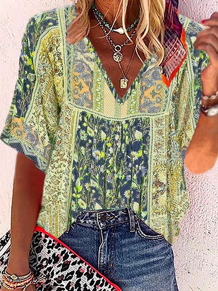 V-neck Casual Loose Floral Print Short Sleeve Blouse