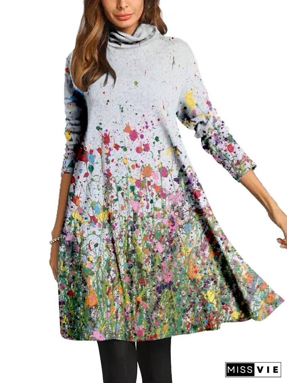 Women Long Sleeve Scoop Neck Printed Midi Dress