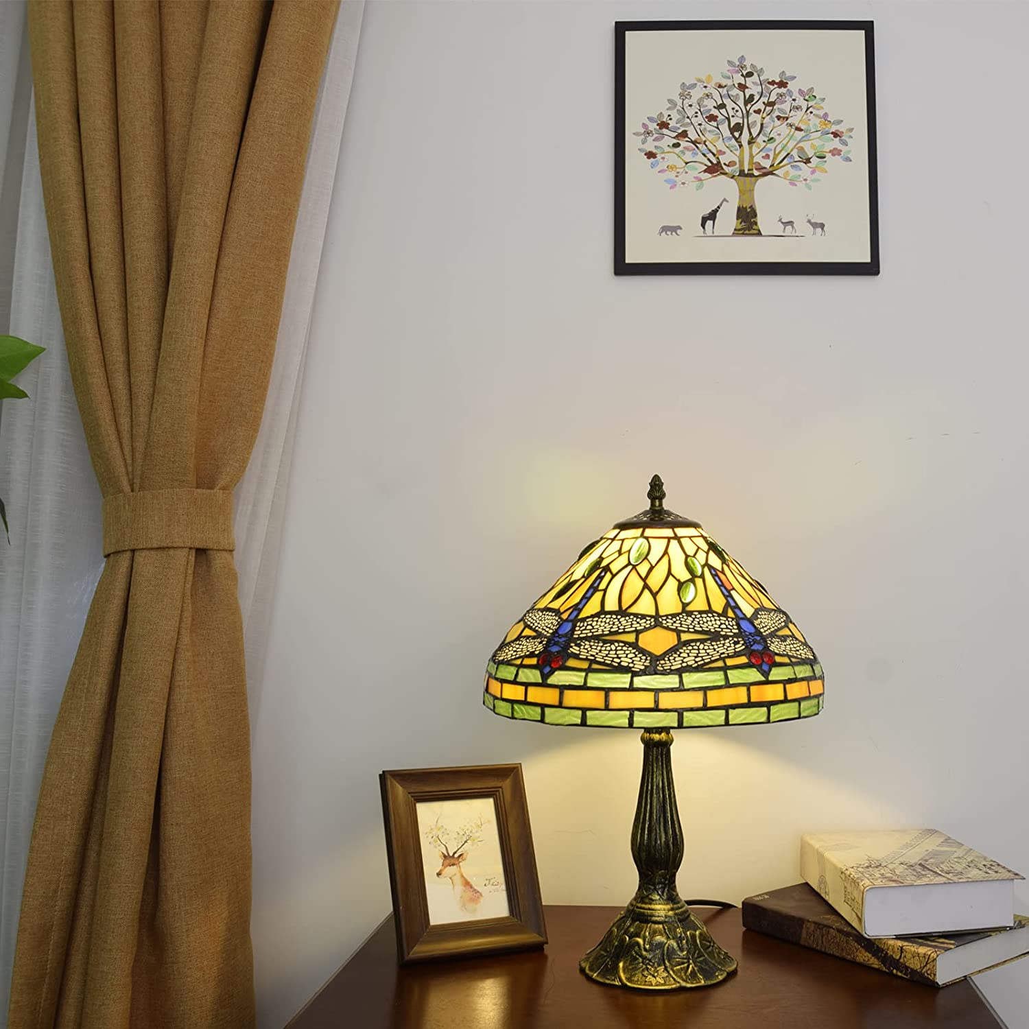 SHADY Tiffany Lamp Stained Glass Lamp Dragonfly Yellow Bedroom Table Lamp Reading Desk Light for Bedside Living Room Office Dormitory Dining Room Decorate  12x12x18 Include Light Bulb