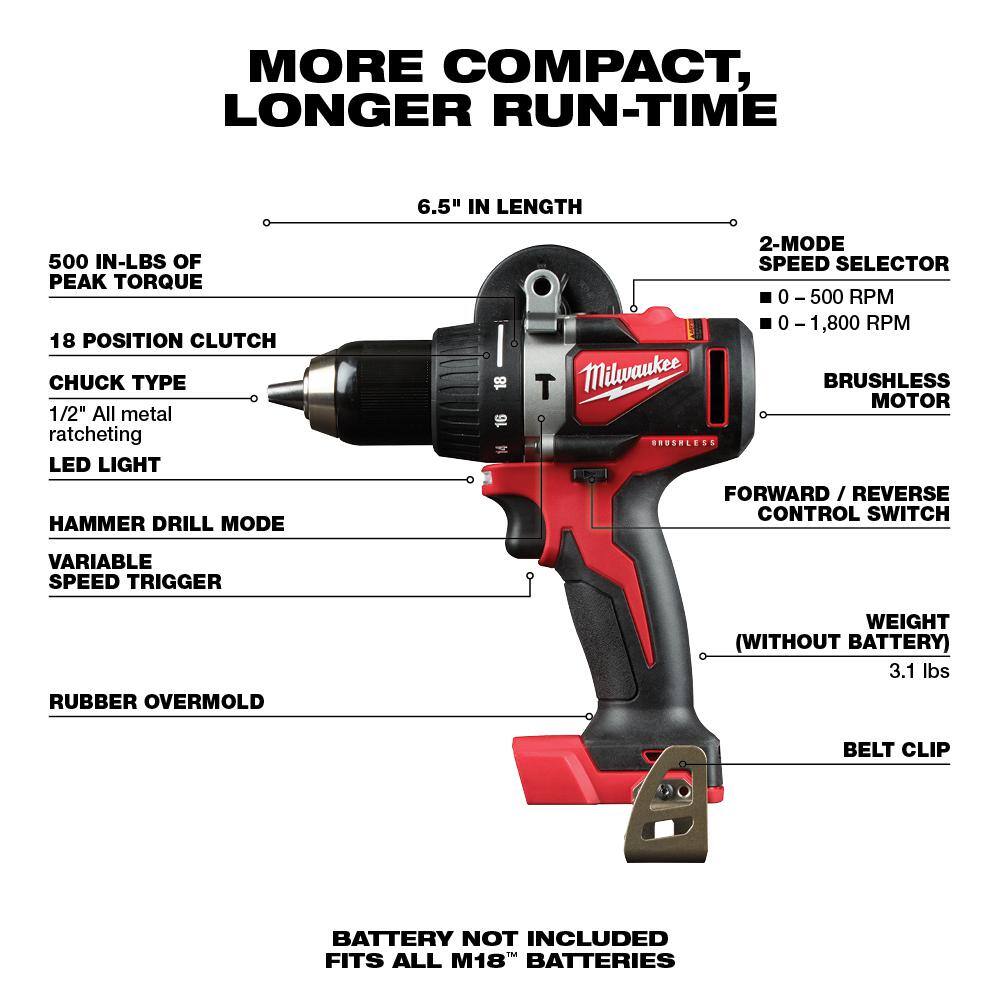 MW M18 18V Lithium-Ion Brushless Cordless 12 in. Compact Hammer Drill Tool Only 2902-20