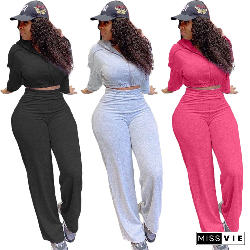 Solid Color Hooded Crop Top Wide Leg Pants Tracksuit