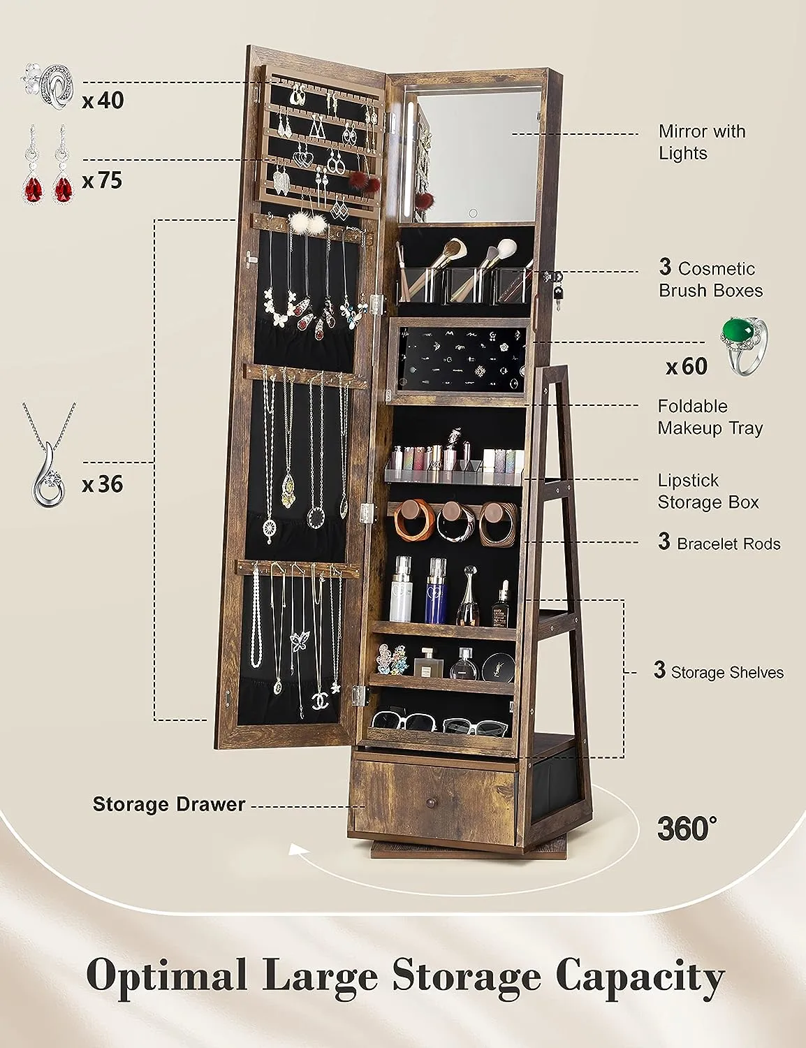 ⭐️360° Swivel Jewelry Cabinet with Lights - 🌟Touch Screen Vanity Mirror 🌟