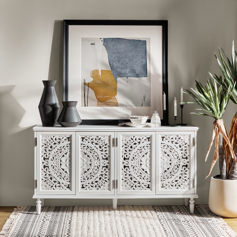 Ismenides Traditional Floral carved Built in Lighting Storage Sideboard With Adjustable shelves By HULALA HOME