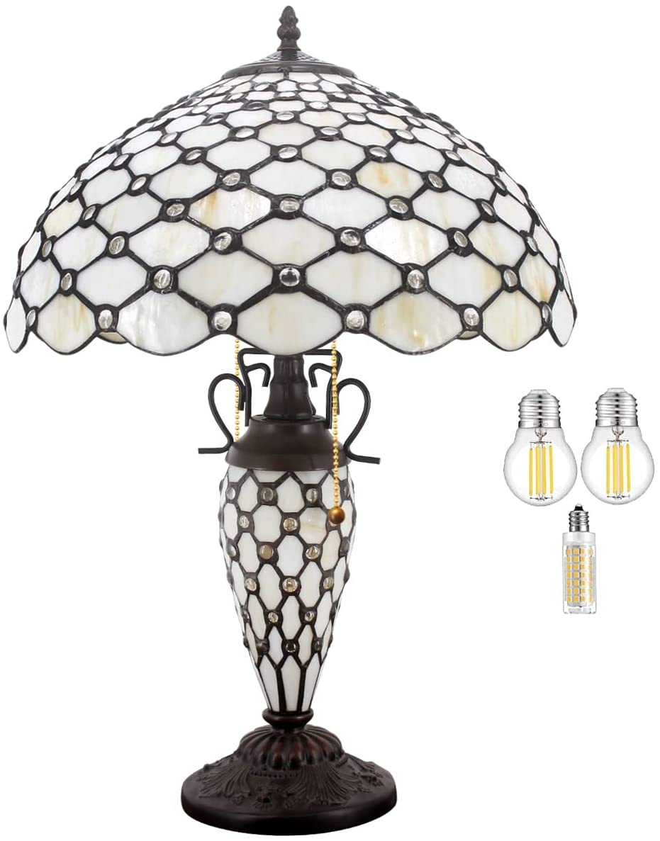 GEDUBIUBOO Tiffany Lamp Cream Stained Glass Crystal Pear Bead Mather-Daughter Vase Table Lamp 16X16X24 Inches Desk Reading Light Decor Bedroom Living Room  Office S005 Series