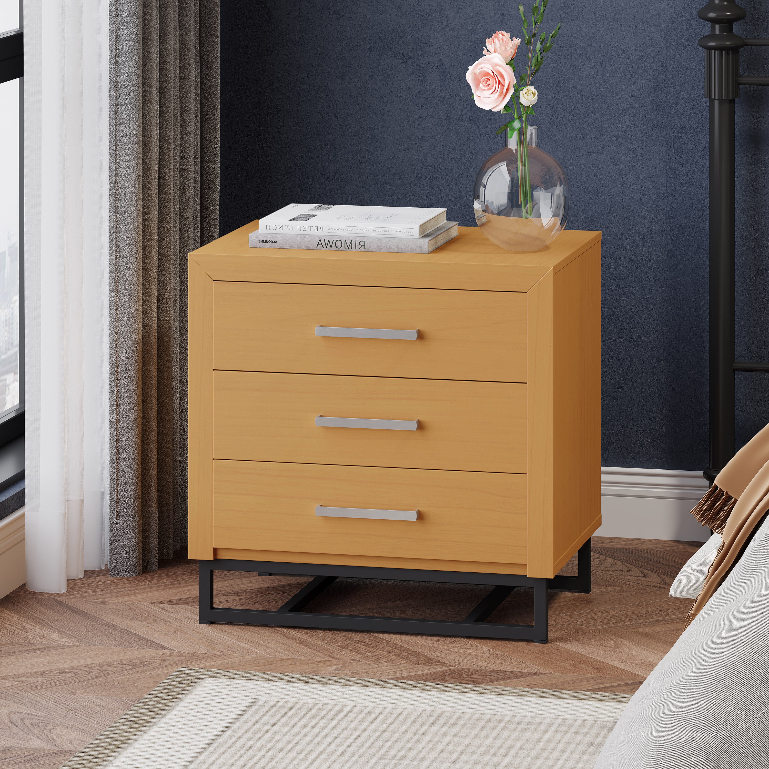 Borah Contemporary Faux Wood 3 Drawer Nightstand, Set of 2