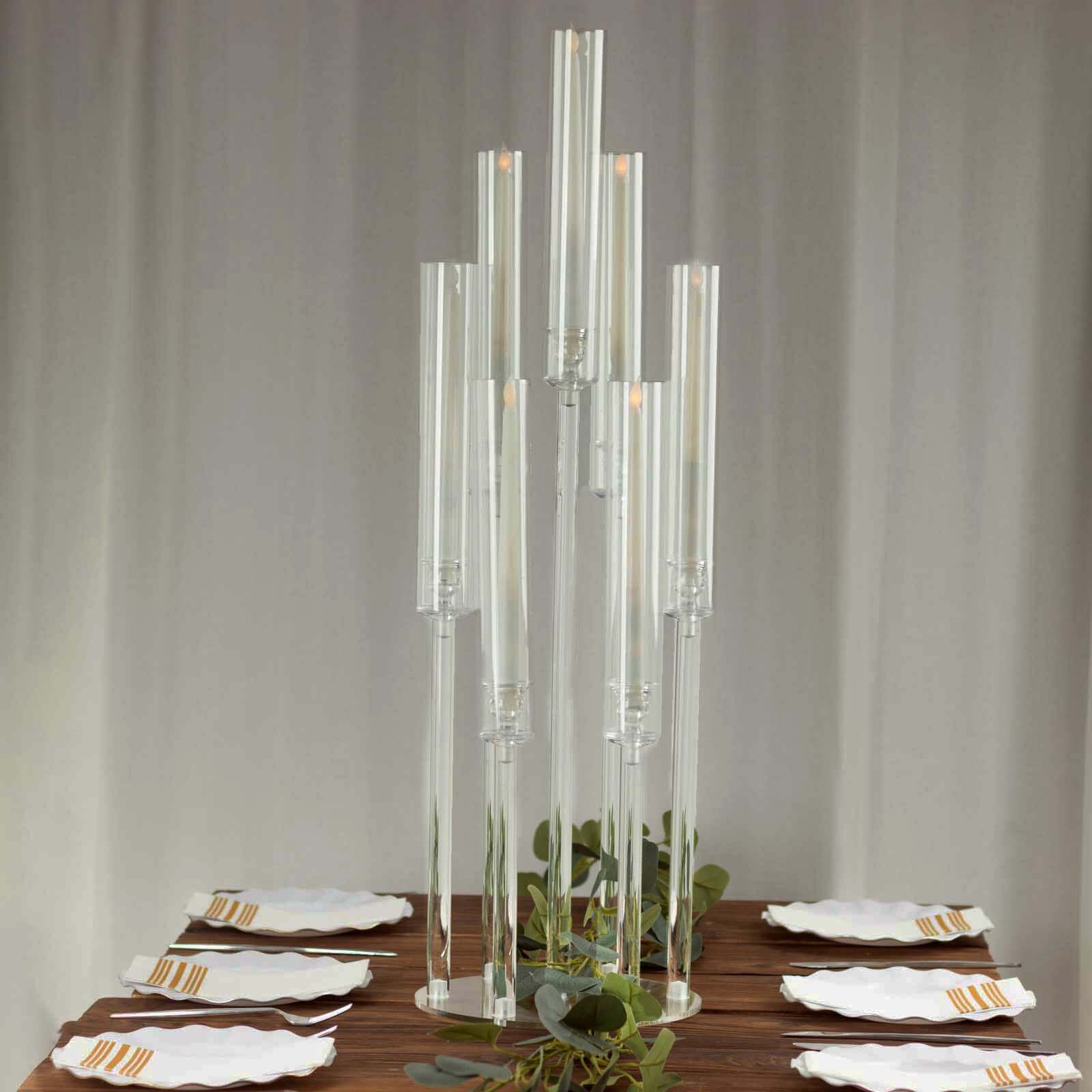 7 Arm Clear Acrylic Cluster Round Taper Candle Holder Candelabra, Pillar Candle Stick Stand With Circular Base - 33