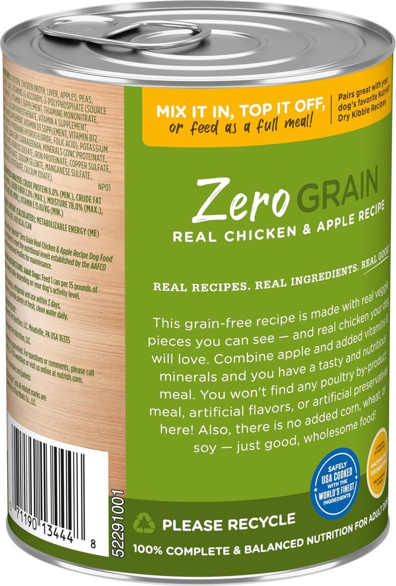 Rachael Ray Nutrish Zero Grain Real Chicken and Apple Recipe Wet Dog Food， 13-oz can， case of 12