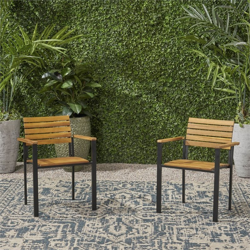 Noble House Laris Outdoor Wood and Iron Dining Chair in Teak (Set of 2)   Transitional   Outdoor Dining Chairs   by Homesquare  Houzz