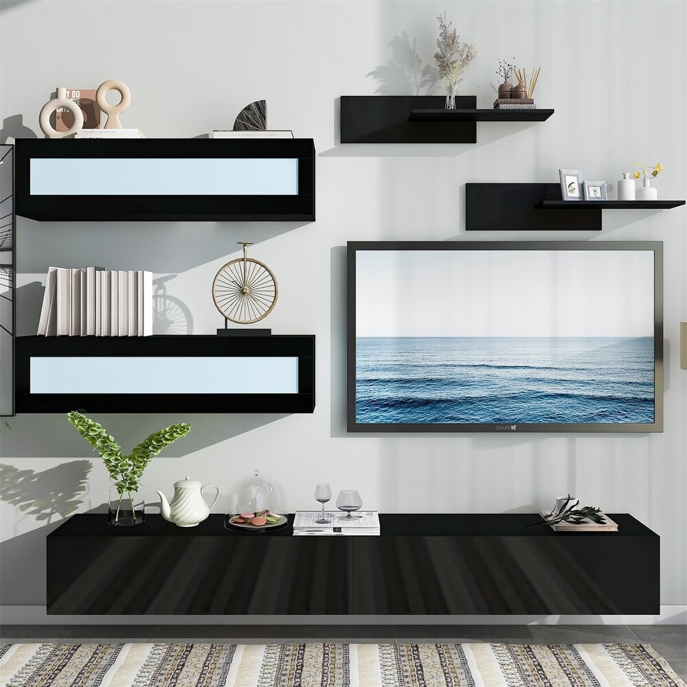 Merax Wall Mount Floating TV Stand with 4 Media Storage Cabinets and 2 Shelves