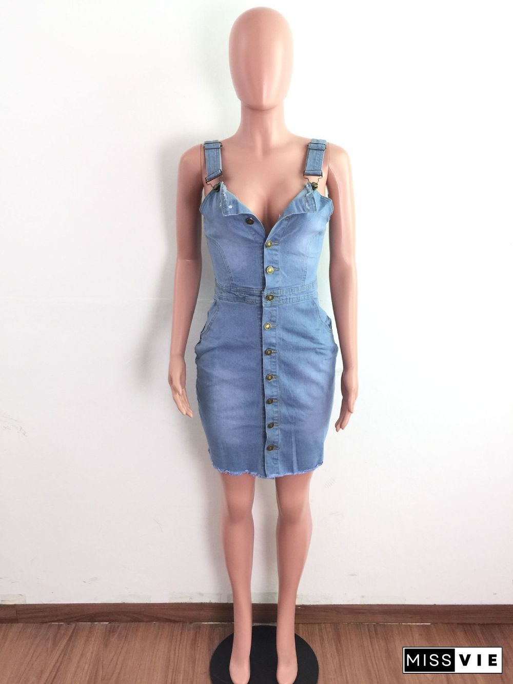 Fashion Summer Women's Suspender Sleeveless Low Neck Button Closure Slim Casual Bodycon Denim Dresses