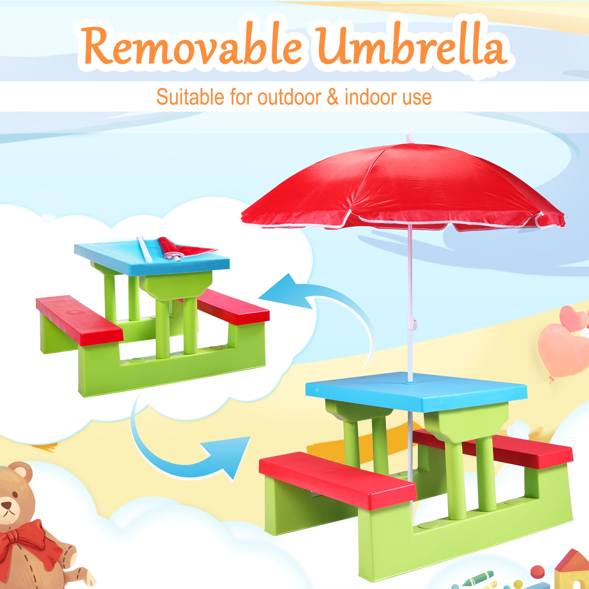 Tobbi 4 Seat Kids Picnic Table Bench Set Colorful Portable Garden Yard Bench W/ Removable Umbrella