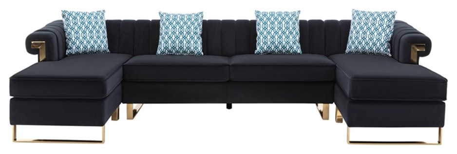 Maddie Black Velvet 5 Seater Double Chaise Sectional Sofa Throw Pillows   Contemporary   Sectional Sofas   by Homesquare  Houzz