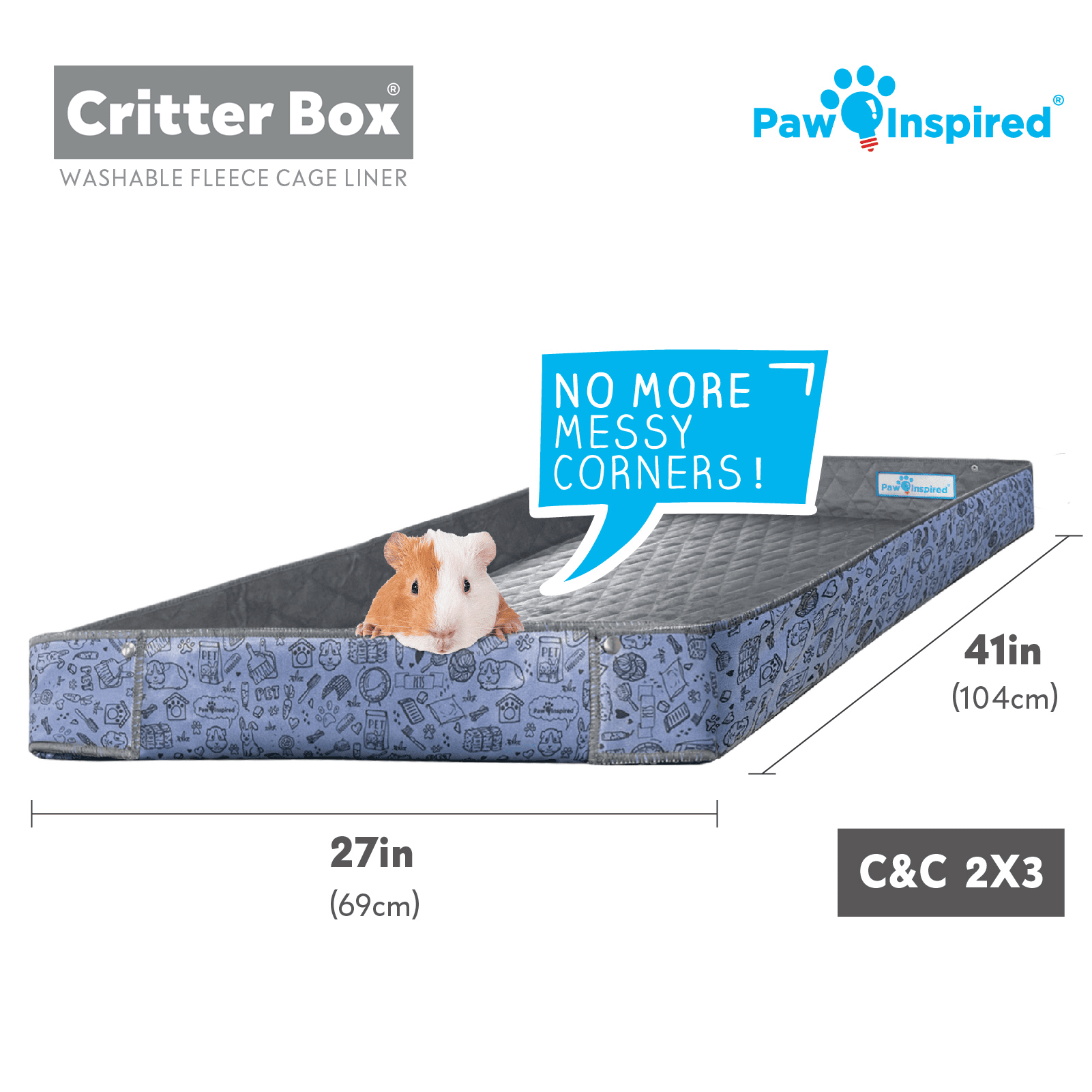 Paw Inspired Critter Box | Guinea Pig Cage Fleece Liner for Midwest CandC Habitat Cage Canvas Bottom | Washable Waterproof Raised Sides Fleece Bedding for Guinea Pigs Rabbits and Small Animal (CandC 2x3)