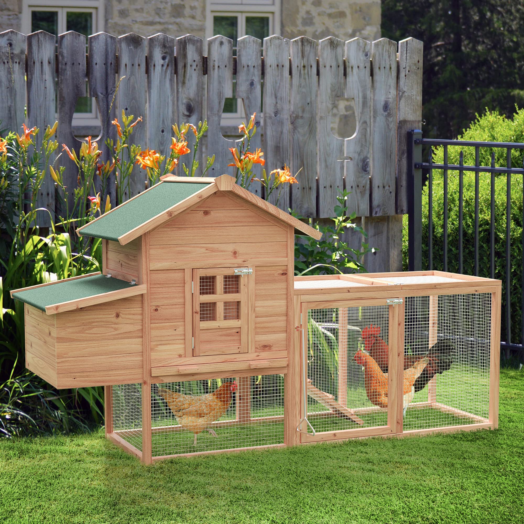 Grezone Chicken Coop Large Wooden Outdoor Hutch Hen Cage with Ventilation Castle Door Play House Nesting Boxes with Cover