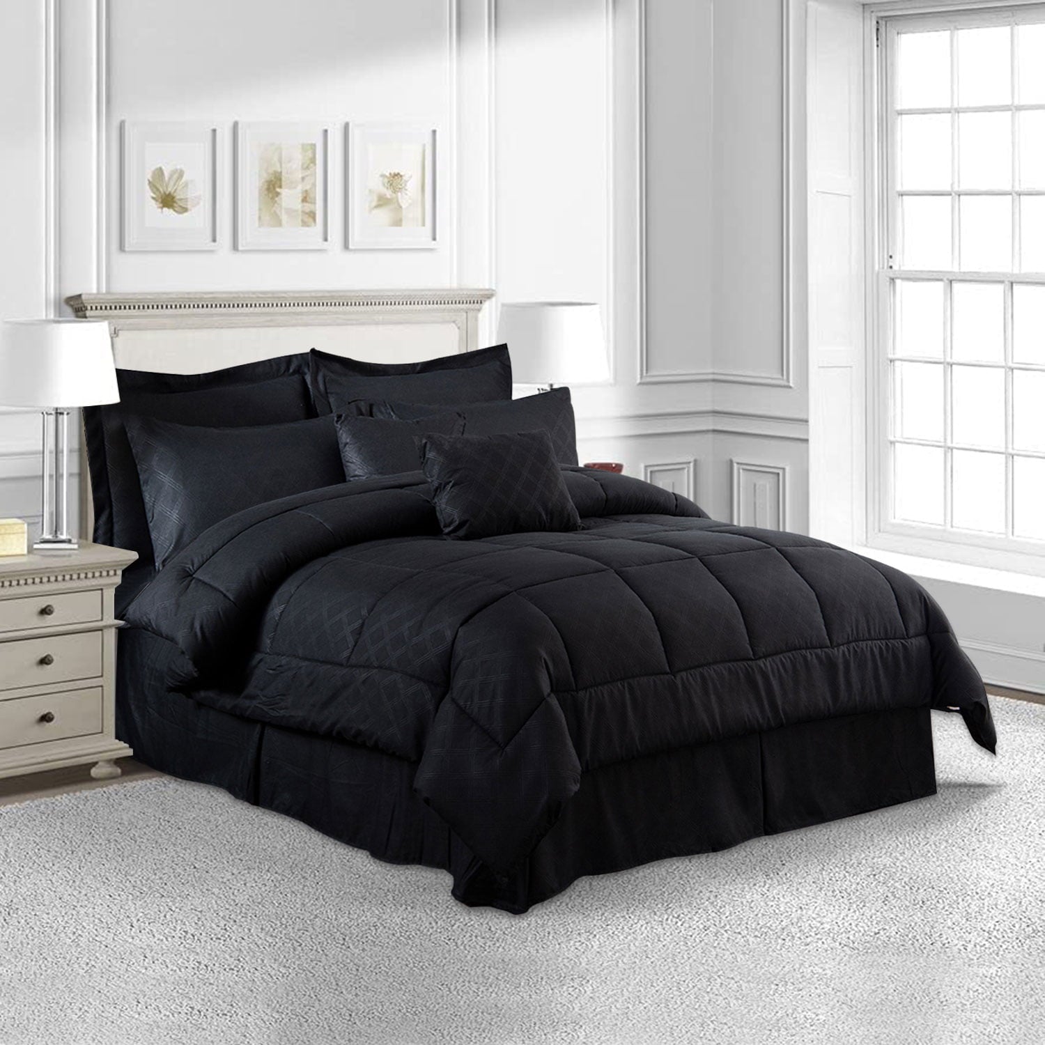 JML 10 Piece Bed in a Bag Queen Size Comforter Set Bedding Set， Plaid Pattern， Black