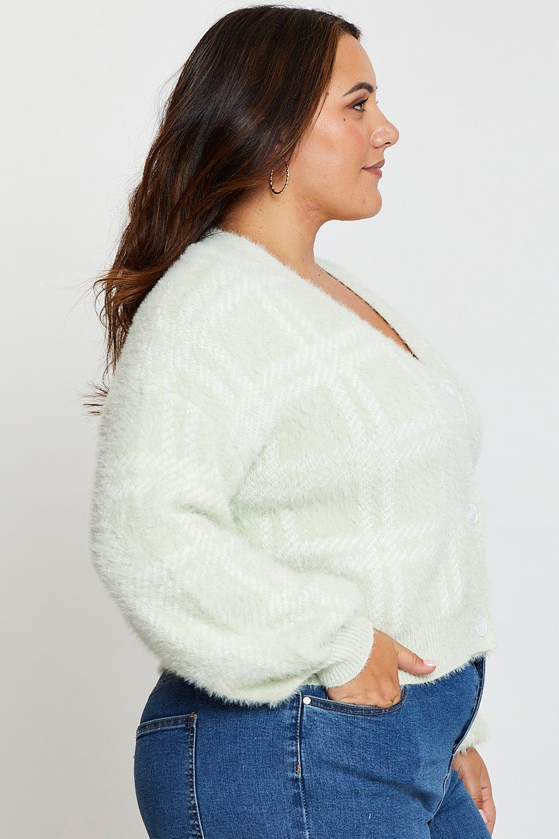 Check Cardigan Long Sleeve Fluffy Semi Crop