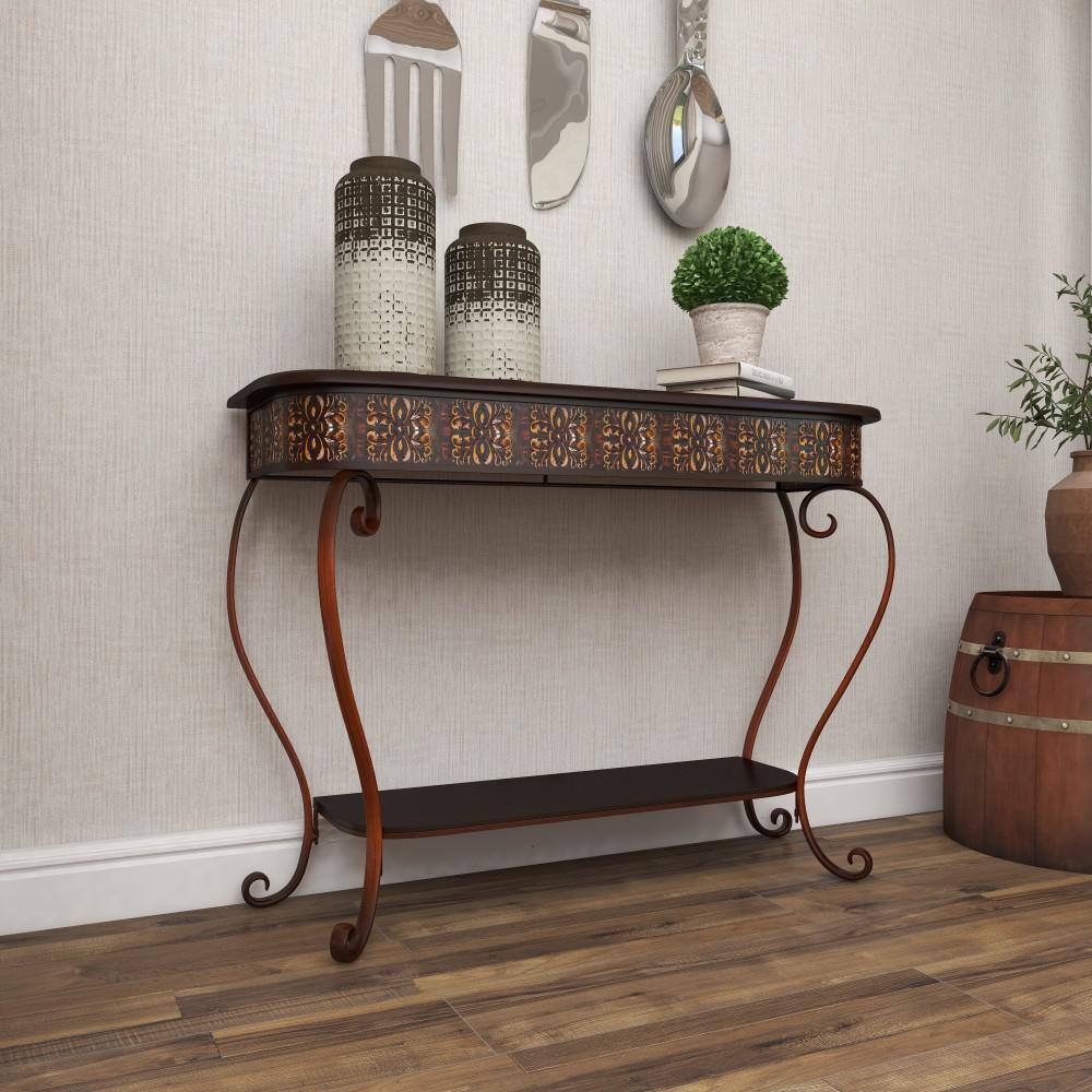 Litton Lane 43 in. Brown Extra Large Rectangle Metal Embossed 1 Shelf Floral Console Table with Ornate Scroll Legs 74362