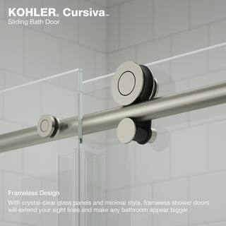 KOHLER Cursiva 59.875 in. W x 62 in. H Sliding Frameless Bath Tub Door in Anodized Brushed Nickel K-707626-8L-BNK