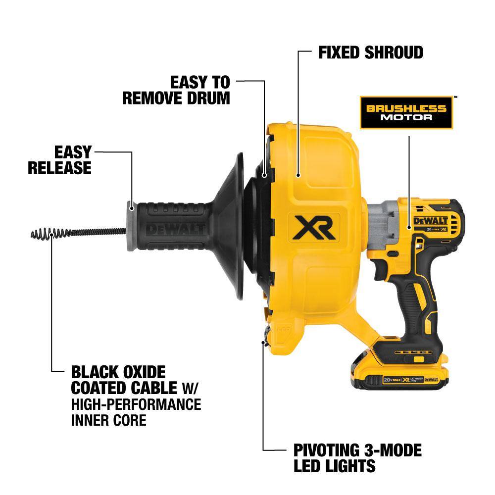 DW 20V MAX Cordless Brushless Drain Snake Cordless Threaded Rod Cutter (2) 20V 5.0Ah Batteries Charger and Bag DCD200BW350205C