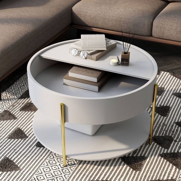 Lenvine Modern Round Storage Coffee Table White Mibasics