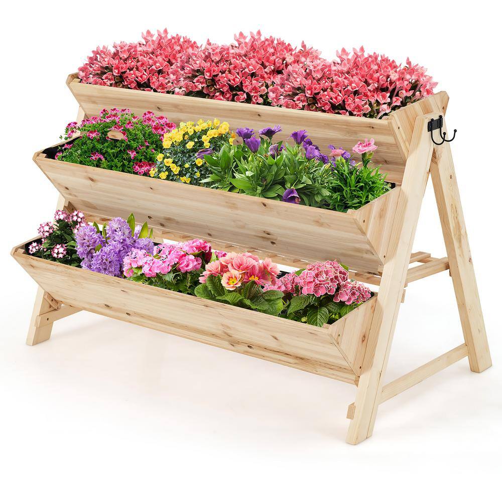 Costway 3 Tier Wooden Vertical Raised Garden Bed wStorage Shelf Side Hook  Liners TH10014