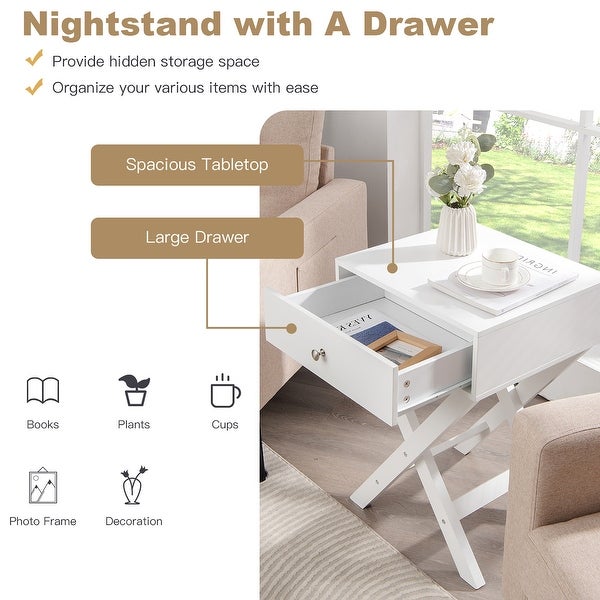 X Shaped End Table Modern Nightstand Sofa Side Table with Drawer