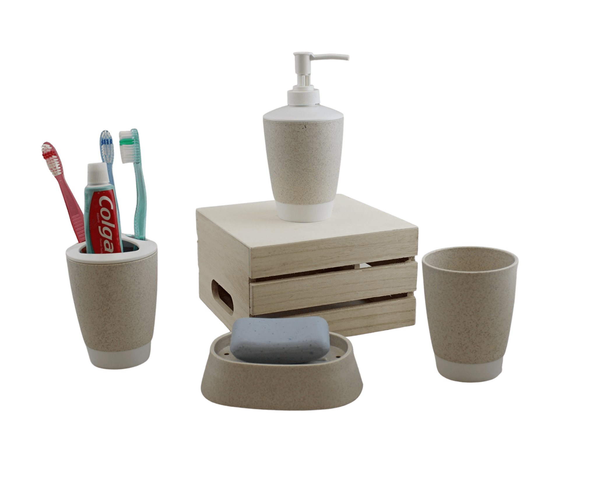 Bathroom Accessories Set 4 Piece Accesorios para Baños Soap Dispenser， Soap Dish， Tumble， Toothpaste-Toothbrush Holder (Sandstone Beige)