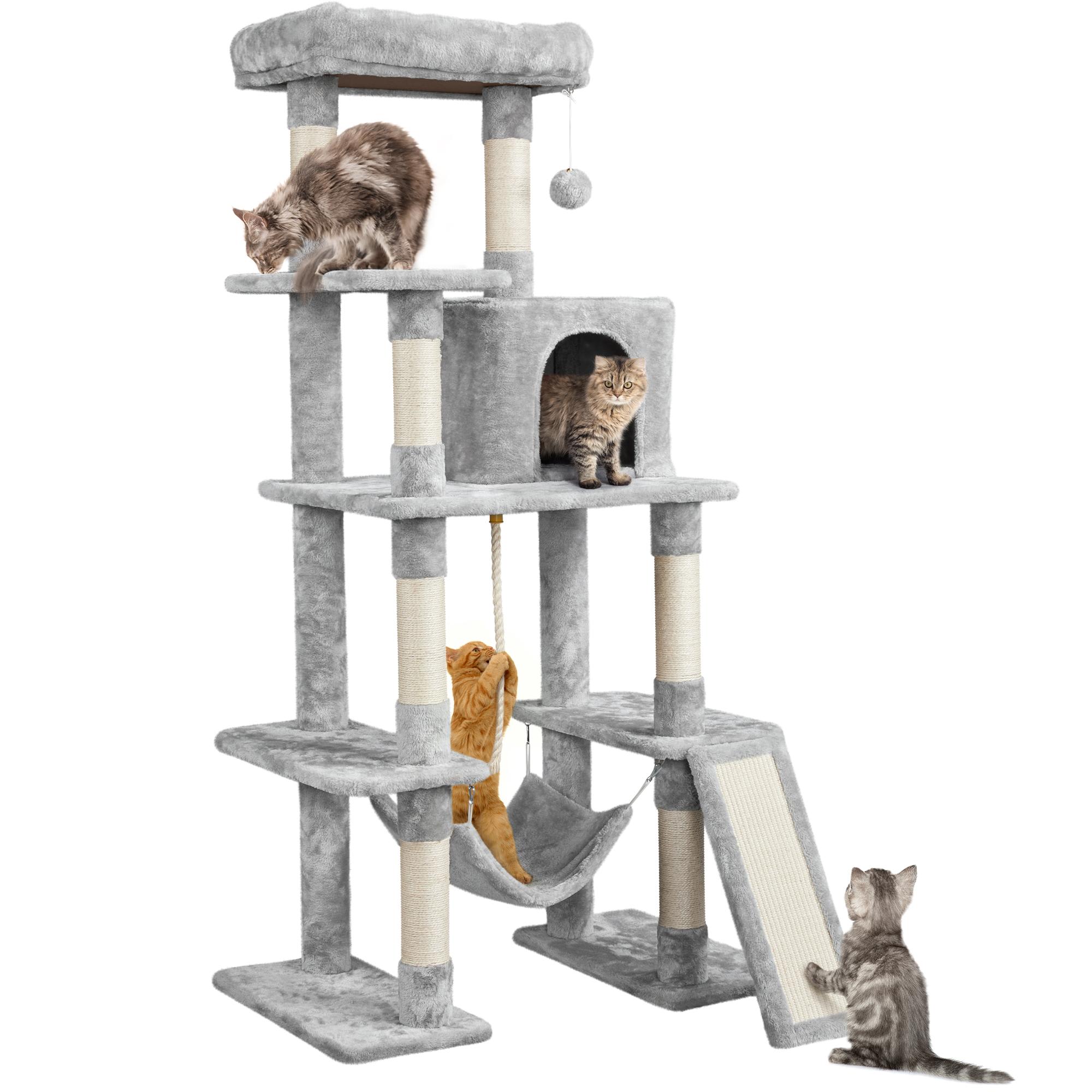 Topeakmart Light Gray 4-Level Plush Cat Tree with Hammock for Kittens， 63