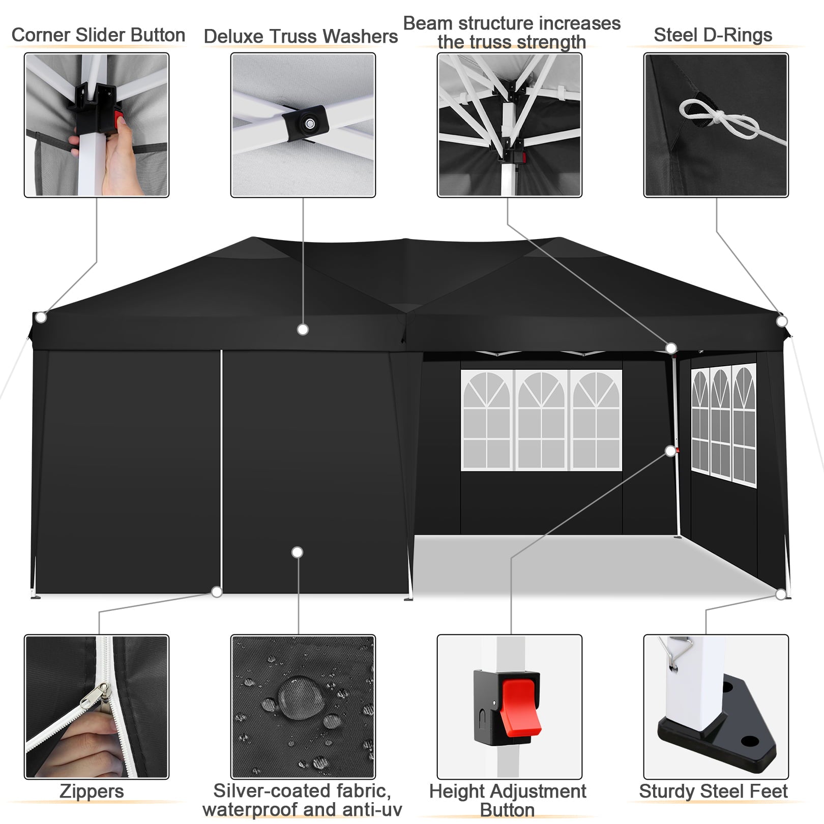 10' x 20' Outdoor Canopy Tent EZ Pop Up Backyard Canopy Portable Party Commercial Instant Canopy Shelter Tent Gazebo with 6 Removable Sidewalls & Carrying Bag for Wedding Picnics Camping, Black