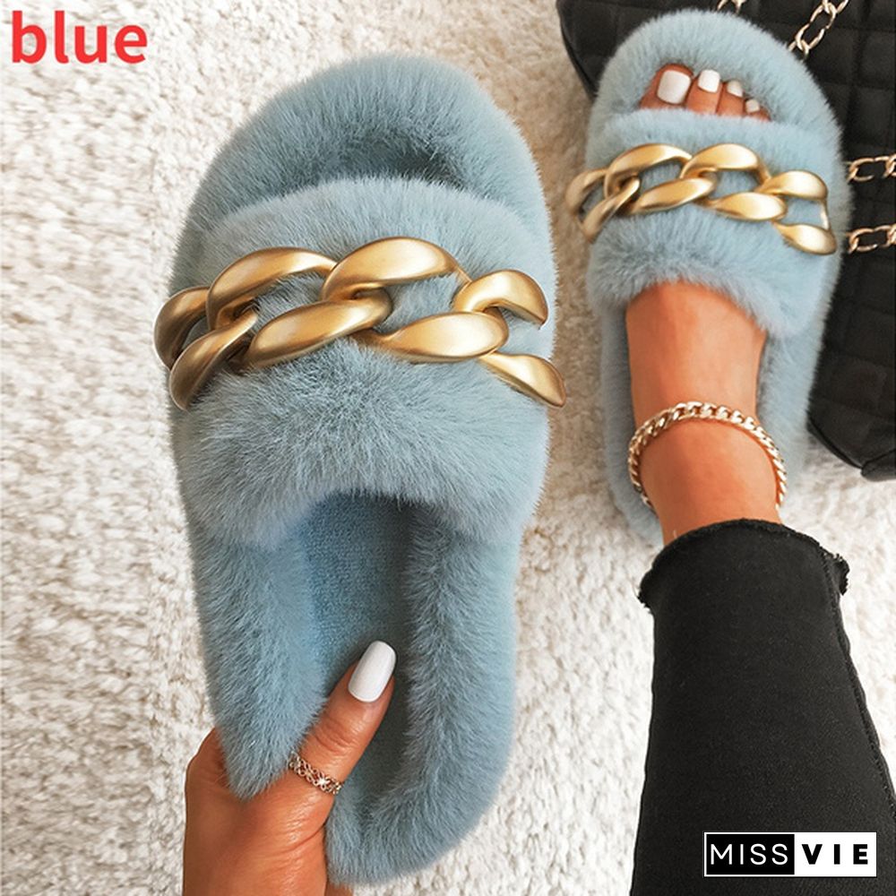 New Matte Gold Chain Decorate Female Fluffy Fur Slides Plush Warm Slippers Luxury Slippers Slip-On Thick Bottom Women