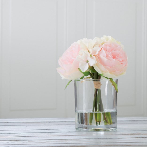 Rose And Hydrangea Floral Arrangement Pink And Cream Artificial Flowers In Decorative Clear Glass Round Vase With Faux Water By Pure Garden