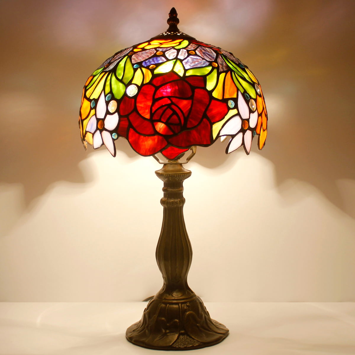 Tiffany Style Table Lamp Bedside Stained Glass Lamp Red Rose Desk Reading Light 18" Tall Decorative Living Room Bedroom Vintage Library Banker Traditional Boho Victorian LED Bulb Included